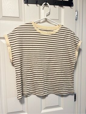 Striped Cream and Brown Short Sleeve Knit Top